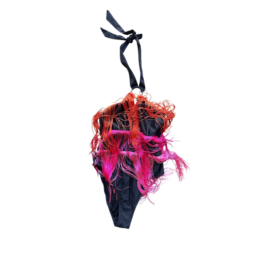 Black Halter One Piece Swimsuit Orange Pink Fringe O-Ring Festival Swimwear